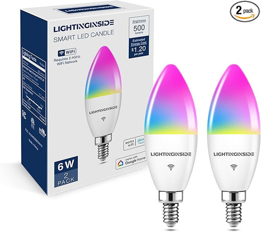 E12 Smart Light Bulbs 60W Equiv., Work with Alexa/Google Home/Smart Life, 500LM 6W RGBCW Candle Candelabra LED Light Bulbs, No Hub Required, 2.4G WiFi Bluetooth Bulb, ETL Listed, 2PCS