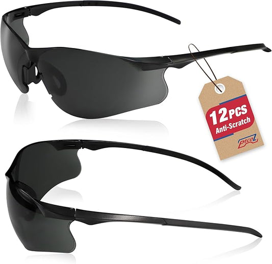 Safety Glasses 12 Pack Smoke Tinted: ANSI Z87.1 Certified Anti-Scratch Polycarbonate Lens UV Protection for Construction & Cycling, Woodworking & Lab Lightweight Sofety Nose Pad Unisex