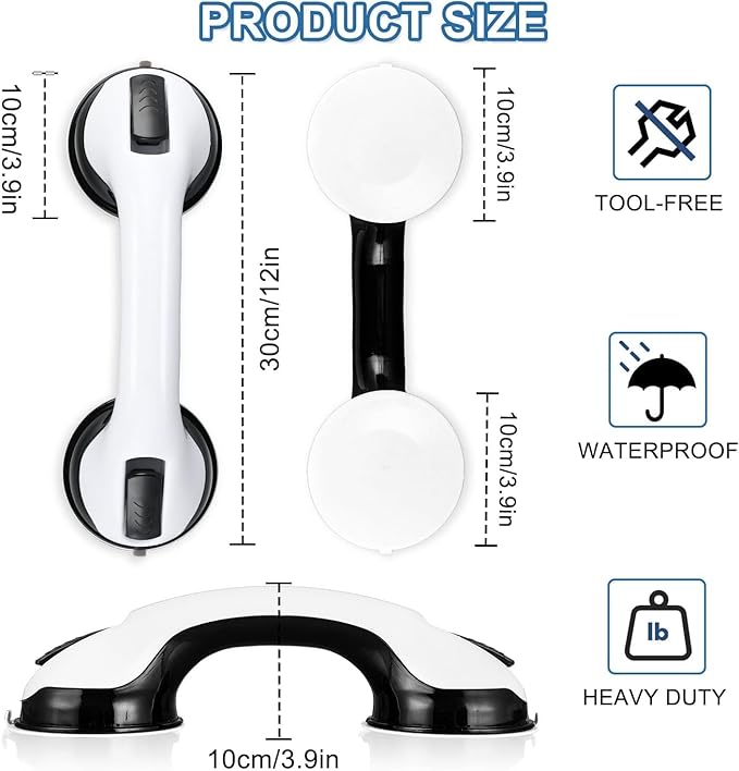Grab Bars for Bathtubs and Showers, 2 Pack Shower Handle 12 Inch Strong Suction Shower Bar, Safety Bars for Shower Chair, Bathroom Grab Bar for Senior Black White