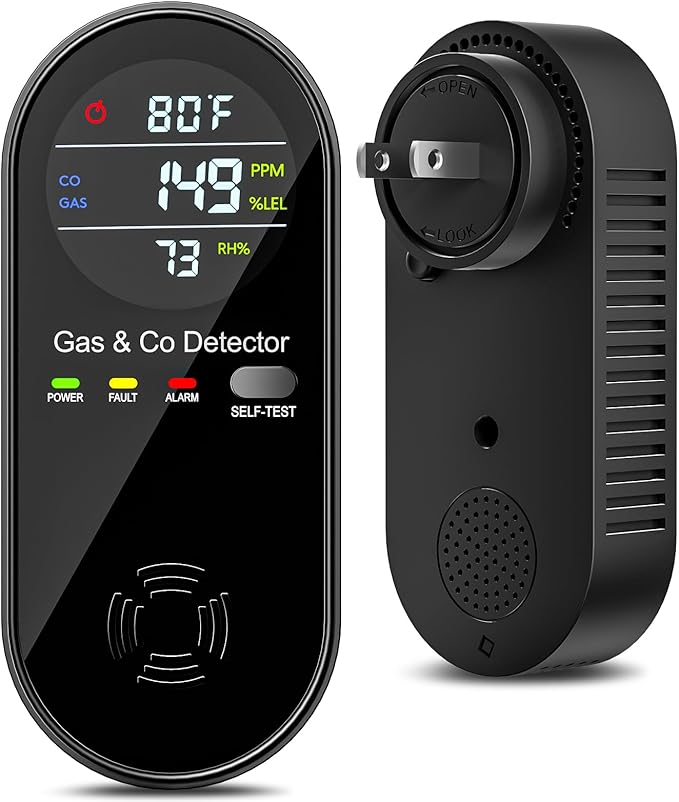 4-in-1 Natural Gas and Carbon Monoxide Detectors Plug in CO Monitor with Temperature and Humidity Display Portable CO Detector for Travel,RV,Home