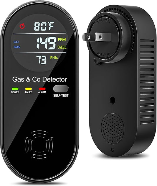 4-in-1 Natural Gas and Carbon Monoxide Detectors Plug in CO Monitor with Temperature and Humidity Display Portable CO Detector for Travel,RV,Home