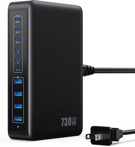 730W USB C Charger Block,10-Ports GaN V Fast Charging Station Hub,QC4.0+3 PD 100W Laptop Charger Wall Power Adapter for MacBook Pro/Air,DELL,iPhone 16/15/14/13,iPad,Galaxy S25,Pixel,Steam Desk-Black