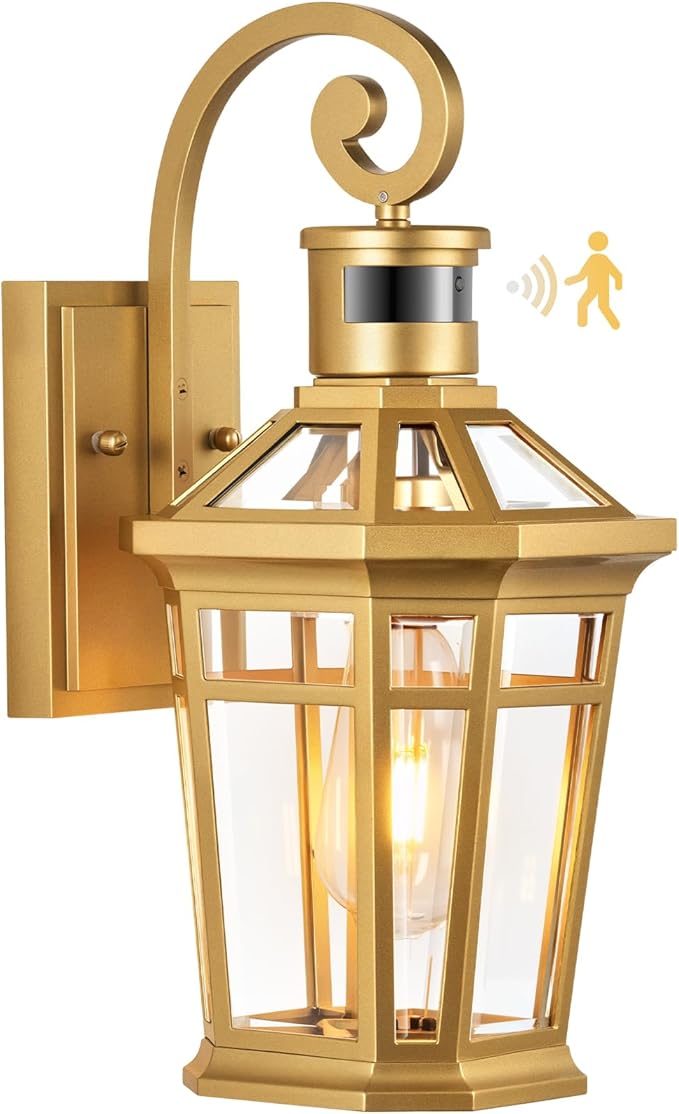Motion Sensor Front Porch Light, Gold Outdoor Light Fixture Wall Mount, Outdoor Wall Lantern Sconce Light with Beveled Glass, Waterproof Carriage Lights Exterior, Coach Lights for Garage, Patio