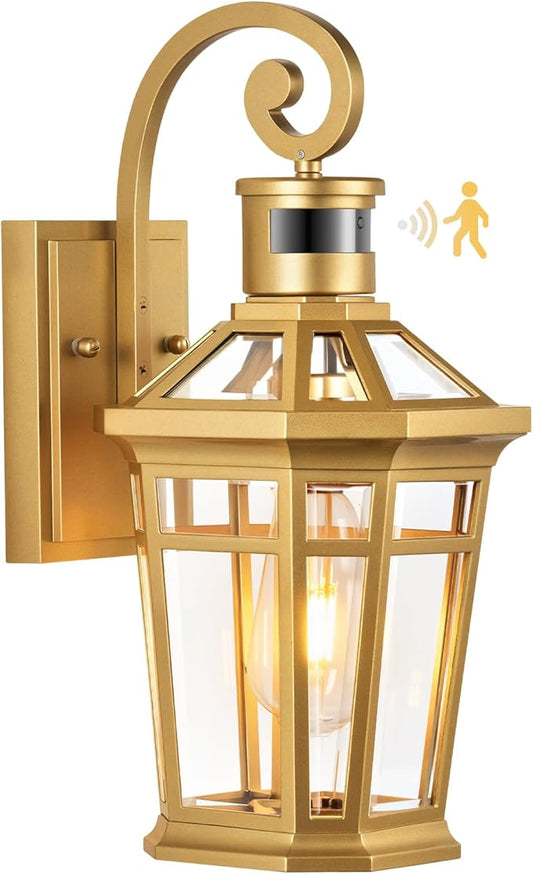 Motion Sensor Front Porch Light, Gold Outdoor Light Fixture Wall Mount, Outdoor Wall Lantern Sconce Light with Beveled Glass, Waterproof Carriage Lights Exterior, Coach Lights for Garage, Patio
