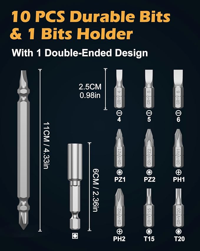 3.6V Cordless Screwdriver Set, Electric Screwdriver, Rechargeable Power Screwdriver, Electric Ball Grip Screwdriver, 3N.m/10N.m MAX, 280 RPM, Type-C Charging, LED Light for Electronics, DIY