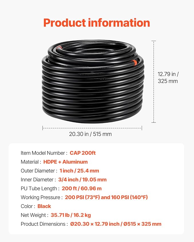 VEVOR Air Compressor Line Kit, 200FT x 3/4", HDPE-Aluminum Compressed Air Piping System, Leak-Proof & Easy-to-Install, Compressed Air Line Tubing Kit for Garages Workshops, Black