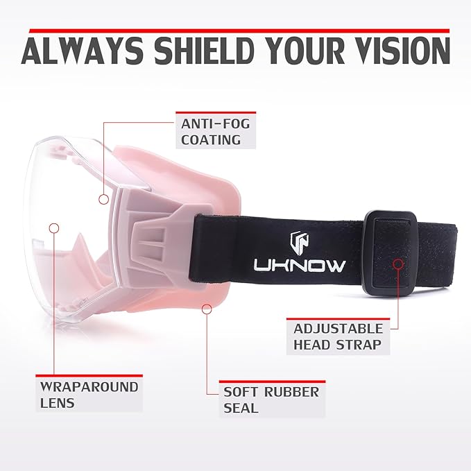 UKNOW Safety Goggles Over Glasses, Anti-Fog Clear Lens, ANSI Z87.1 Protective Eyewear Adjustable Strap, Ideal for Lab Use