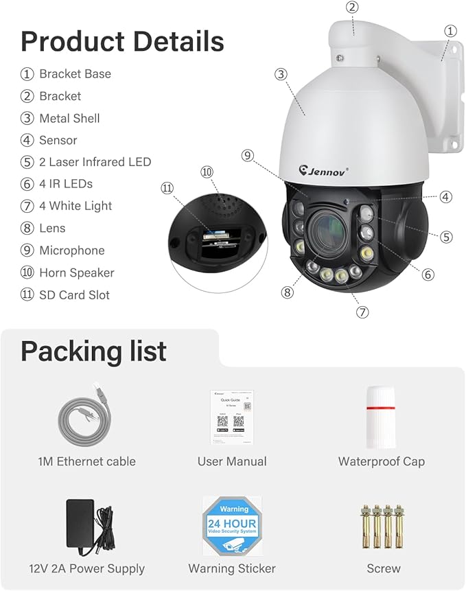Jennov 6MP PoE IP Camera Outdoor with Pan Tilt 20X Optical Zoom, 360 Speed Dome PTZ Security Camera with 160ft IR Night Vision, Spotlights Color Night Vision, Human Detection, Onvif Compatible