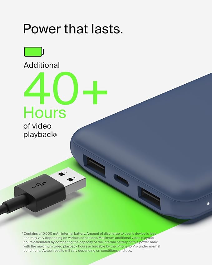 Belkin Portable Charger, USB C Power Bank 10000 mAh w/ 2xUSB-A Ports, 15W w/ Type-C to Type-A Cable - iPhone 17, Air, Pro, Pro Max, Samsung Galaxy S25, Nintendo Switch 2, Google Pixel 10, etc. - Blue