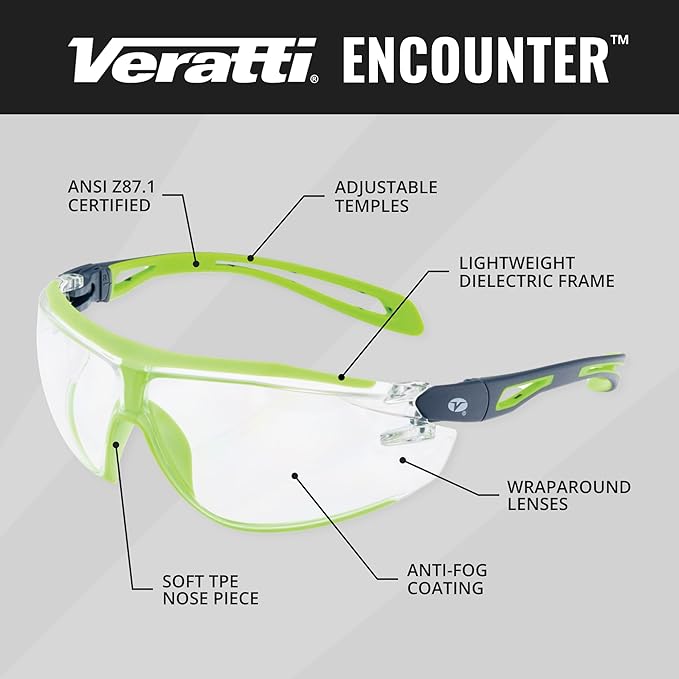 Veratti Encounter Safety Glasses, Anti-Fog Clear Lens, ANSI Z87.1 Certified, Dielectric Gray/Green Frame, Impact Resistant