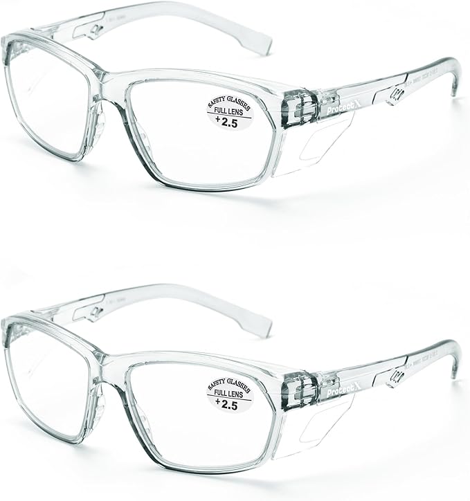 ProtectX Stylish Anti-Fog & Scratch-Resistant Safety Glasses With Readers, UV Protection Goggles, Anti-Impact Lightweight Glasses for Men＆Women Charcoal Reading 2.5-2 Pack