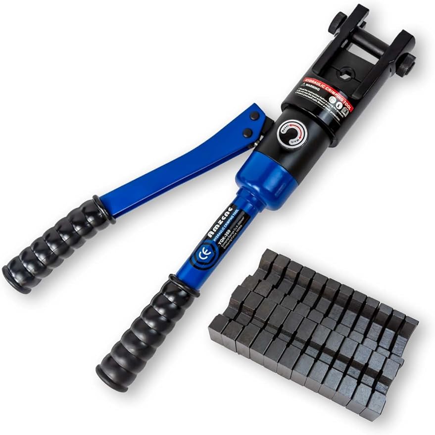 AMZCNC blue 16 Ton Hydraulic Wire Crimper Battery Cable Lug Terminal Crimping Tool WIth Standard US cable Dies,Crimps 6 AWG to 600 MCM, Cable Crimping Tool with 13 Pairs of Standard US cable Dies