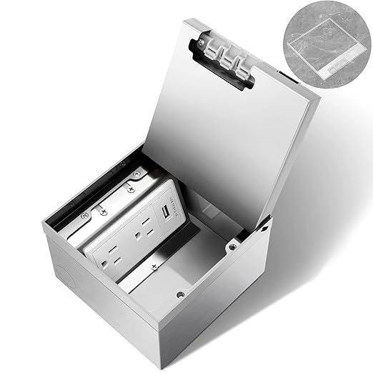 Vagueior Recessed Flat Hidden Floor Electrical Outlet Kit,Hidden Duplex 15A Tamper-Resistant Receptacle Outlet and 2.1A USB Port，Waterproof Electrical Outlet Covcer Box,Silver