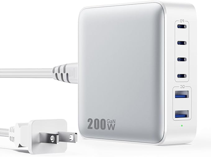 USB C Charger Block Charging Station 200W,Upgraded GaN IV 6-in-1 USB C Charger Fast Charging Hub,PD 65W Laptop Desktop Charging Adapter Compatible with MacBook/iPad, DELL,iPhone 16/15,Android etc