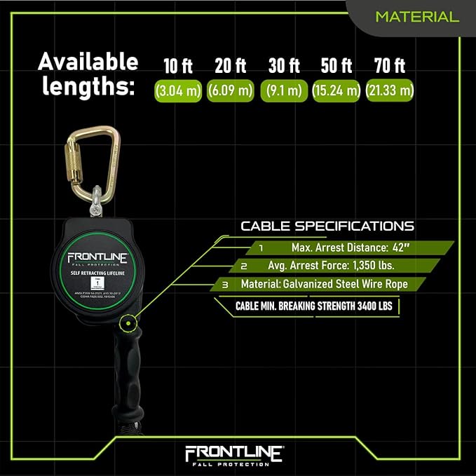 Frontline RPG10' Cable SRL with Steel Snap Hook End | 3/16" Galvanized Steel Cable | Lightweight, Durable | Swivel Anchorage Eye | 310 lbs Capacity | ANSI & OSHA Compliant (1 Pack)