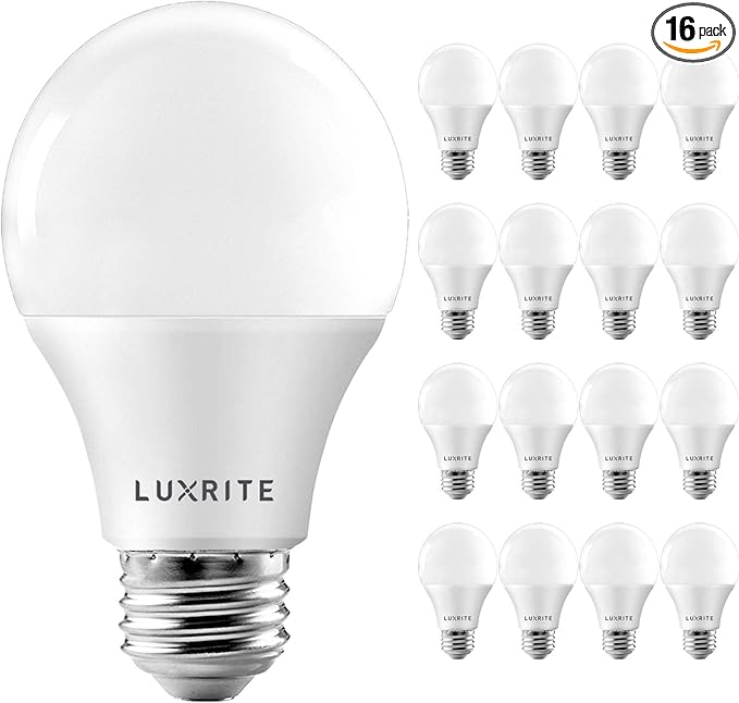 LUXRITE A19 LED Bulb 60W Equivalent, 2700K Warm White, 800 Lumens, Dimmable Standard LED Light Bulbs 9W, Enclosed Fixture Rated, Energy Star, E26 Medium Base - Indoor and Outdoor (16 Pack)