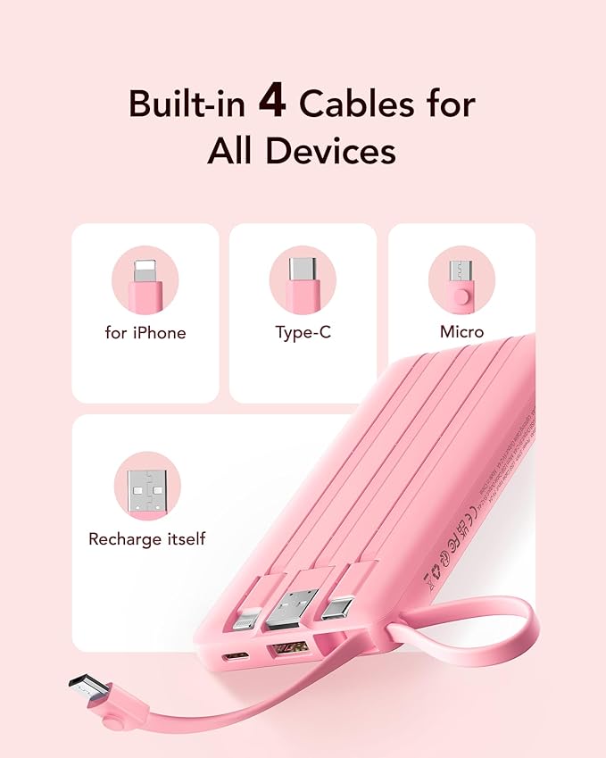 VRURC Portable Charger Power Bank, 10000mAh Travel Essentials Battery Pack, 5 Outputs 2 Inputs Slim Charging Bank Built-in Cables Cords Wires Compatible with iPhone,Samsung,Android-Barbie Pink(1 Pack)