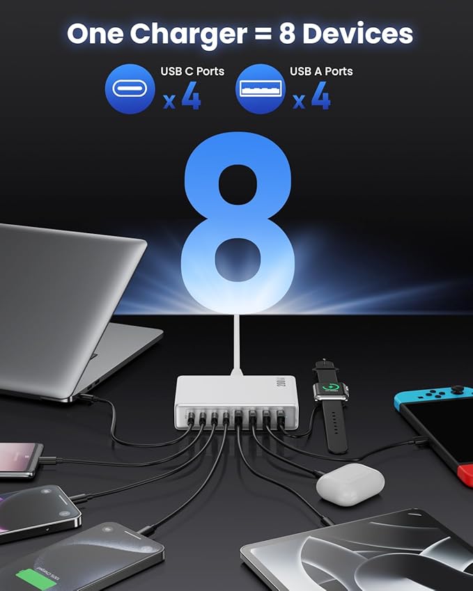 200W USB C Charger Block,GaN IV Charging Station 8 Ports,QC4.0 Fast Charging Station Hub+PD 65W USB C Laptop Charger Adapter Compatible with MacBook Air/Pro,DELL,iPhone 16/15,iPad,Steam Deck-White