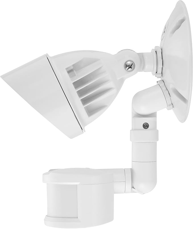 Maxxima LED Outdoor Flood Wall Light, Exterior Security Light with Adjustable Head, 950 Lumens, Featuring Motion Sensor and Dusk to Dawn Sensor, 3000K Warm White, White Fixture