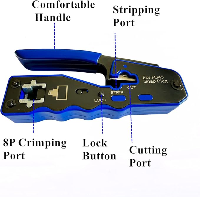 Rj45 Crimp Tool Kit Pass Through and Standard Cat6 Cat6A Cat5 Cat5e rj45 Crimping Tool with 50pcs rj45 Cat6 Pass Through Connectors, 20pcs Covers, 1 Network Cable Tester, 2 Wire Strippers, 1 Cutter