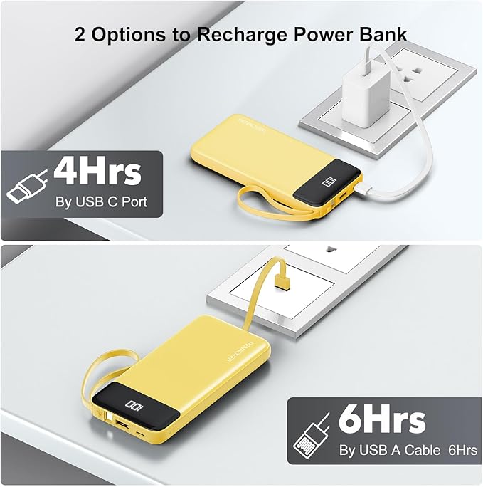Portable Charger 10000mAh Power Bank with Built-in Cable, 5 Output 2 Input Travel Essential External Battery Pack with LED Display Compatible with iPhone 16/15 Samsung S22 Android,etc