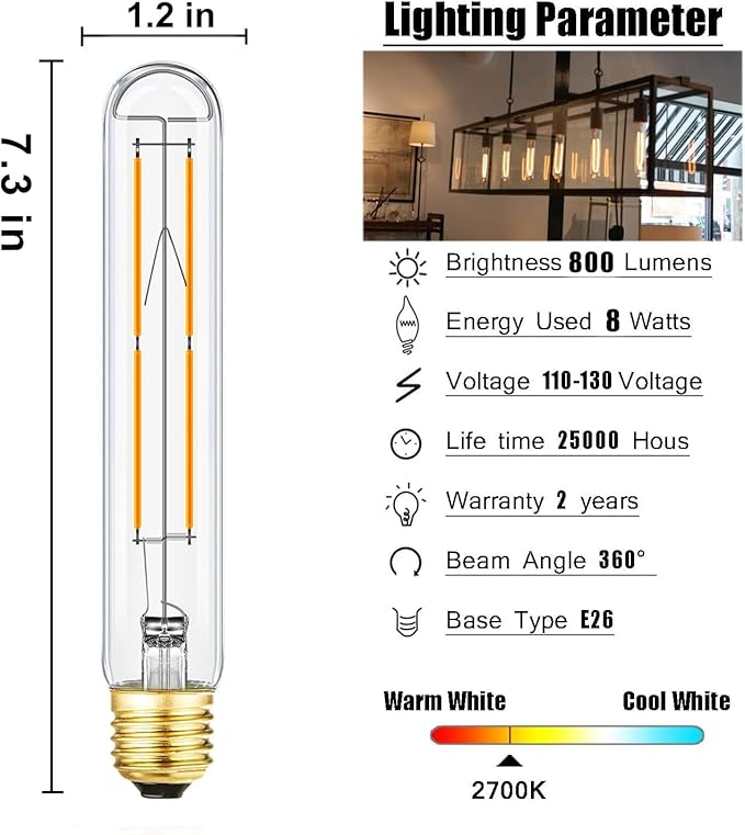 Leools Dimmable E26 Light Bulb 8W Equal 75 watt led Light Bulb Warm White 2700K AC120V Edison Light Bulbs 75 Watt 800LM Clear T10 led Bulb for Rustic Pendant,Industrial Pipe,Wall sconces,4Pack