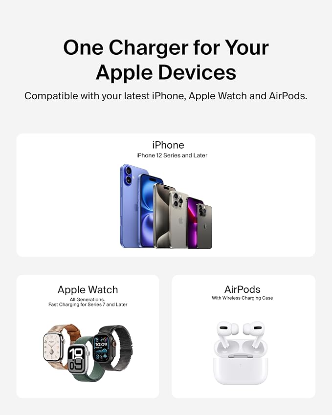 Belkin 3-in-1 MagSafe-Compatible iPhone Charger 15W, Foldable Magnetic Qi2-Certified Wireless Charging Station for iPhone 16, Apple Watch Series 10, AirPods 4, and More, w/Non-Slip Base & PSU - Black