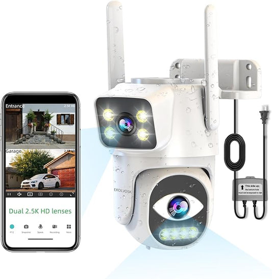 Security Cameras Outdoor Wireless,Dual Lens WiFi Cameras for Home Security, Auto Tracking Light Alarm & Color Night Vision,Two-Way Audio, Plug-in Cable,Water Proof for Outdoor