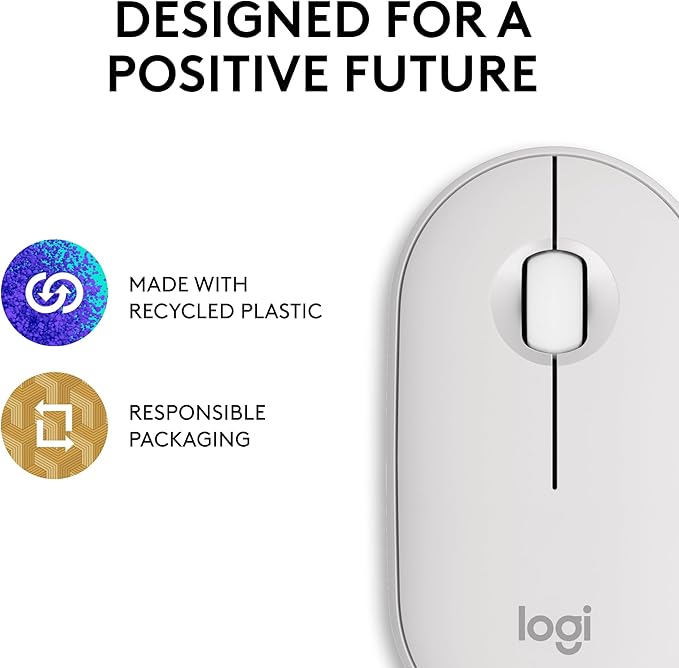Logitech Pebble Mouse 2 M350s Slim Bluetooth Wireless Mouse, Portable, Lightweight, Customizable Button, Quiet Clicks, Easy-Switch for Windows, macOS, iPadOS, Android, Chrome OS - Tonal White