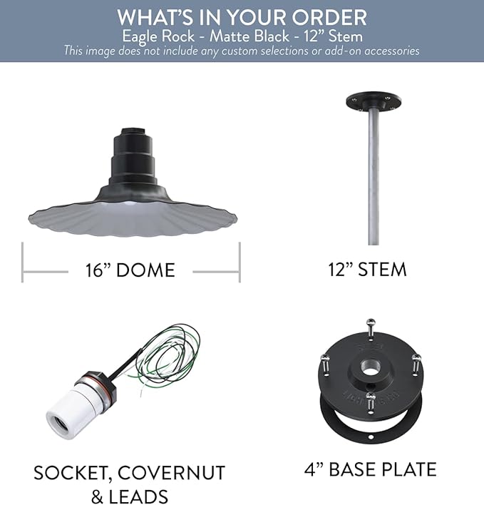 Steel Lighting Co. Eagle Rock Pendant | Ceiling Mounted Light | 16 inch Radial Wave | 12 inch Stem | Heavy Duty Steel Retro Farmhouse Style Made in America | Matte Black Exterior/White Interior