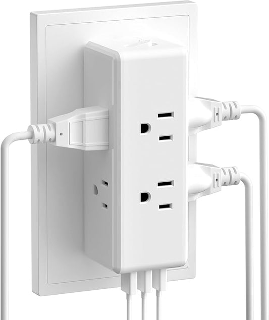 Multi Plug Outlet Extender with 6 Outlets & 3 USB Ports - MKSENSE Surge Protector Outlet Rotating Plug Adapter, 3-Sided Spaced Design for Home Office Travel (White)