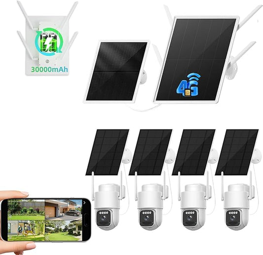 Solar 4G Security Cameras kit Wireless Outdoor, 4 Cam-Kit, SIM Card Included Base Station, LTE Cellular Solar Security Camera System with 360° Pan & Tilt, 2.5K 4MP Color Night Vision, one-Step to use