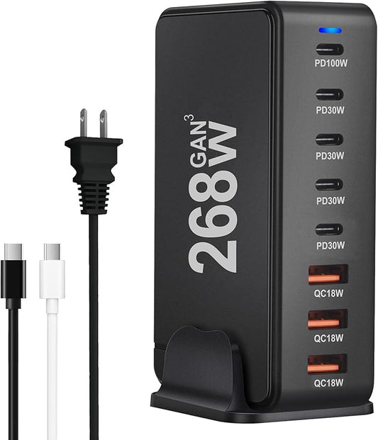 GEEKERA 268W 8-Port Fast Charging Station With 5 USB-C + 3 USB-A Ports, Portable Multiport Charging Block Wall Hub for iPhone 15 14 13 12 iPad Pro MacBook Galaxy Pixel Switch