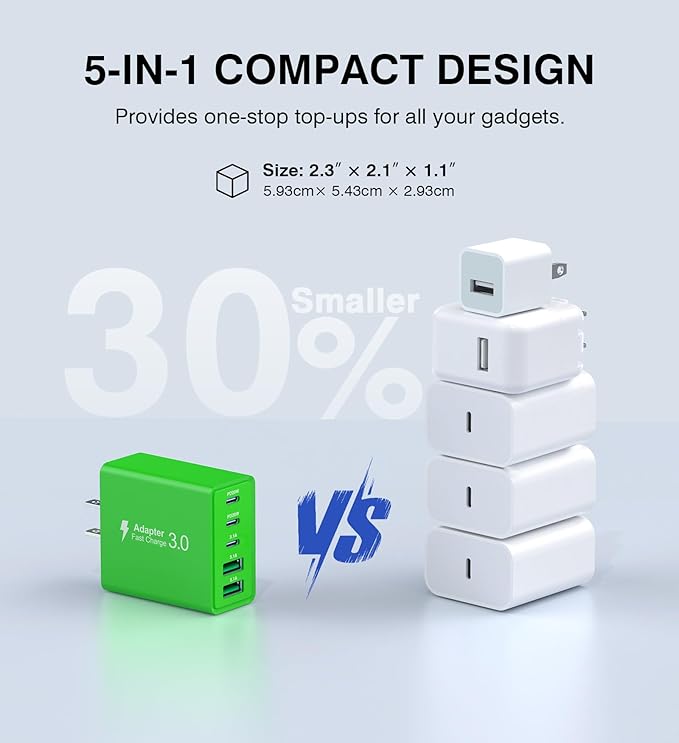 2 Pack 50W USB C Fast Charger Block,5-Port Type C Wall Charger Brick,2 USB A & 3 USB C PD3.0 Power Adapter Multiport Charging Plug Box for iPhone 12/13/14/15/16,Pad Mini/Pro, Cellphones(Green)