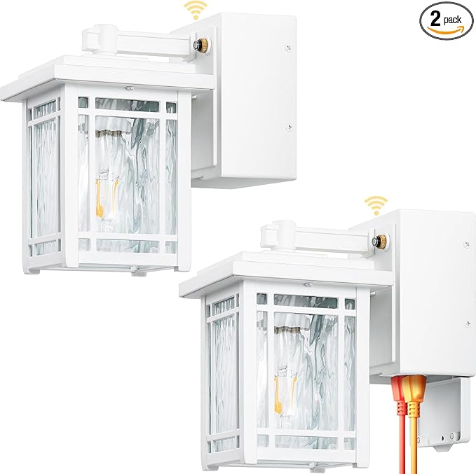 2-Pack Outdoor Wall Light with GFCI Outlet, White Dusk to Dawn Exterior Light Fixture Wall Lantern, Waterproof Front Porch Lights Wall Mount, Modern Outdoor Coach Lights with Water Ripple Glass