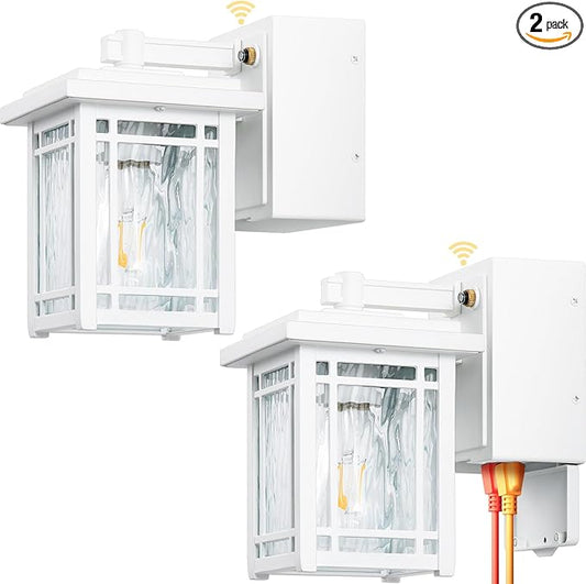 2-Pack Outdoor Wall Light with GFCI Outlet, White Dusk to Dawn Exterior Light Fixture Wall Lantern, Waterproof Front Porch Lights Wall Mount, Modern Outdoor Coach Lights with Water Ripple Glass