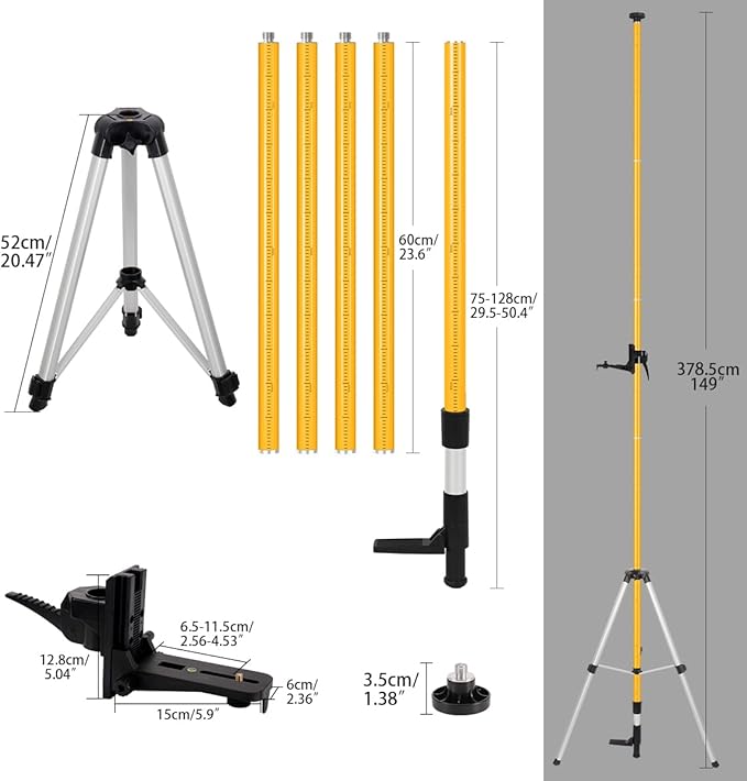 Laser Level Pole with Tripod, Telescoping Laser Level Tripod, 12 Ft./3.7M with 1/4-Inch by 20-Inch Laser Mount for Rotary and Line Laser Level, 5/8"-11 Adapter Nut Included