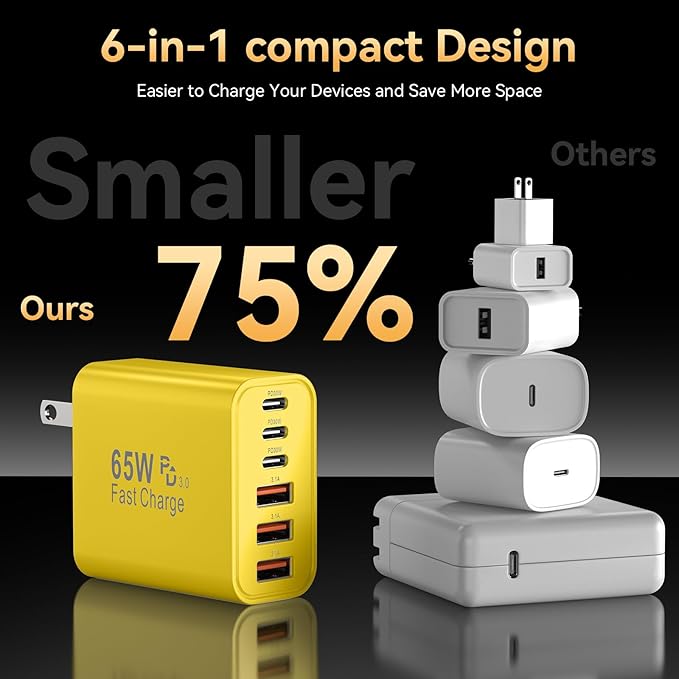 USB C Charger Block, 65W USBC Wall Charging Blocks 6-Port PD & QC Power Adapter Multiport Type C Fast Chargers Plug Cube Brick for iPhone 16/15/14/13/12/Pro Max,iPad Pro,Samsung Galaxy S25 Yellow