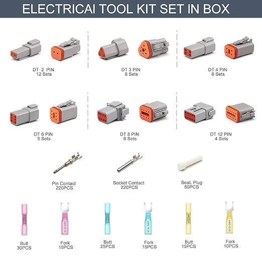 Home & Marine & Automotive Electrical Tool Kit Set with DT Deutsch 2 3 4 6 8 12 Pin Grey Connector, Heat Shrink Wire Terminals, with Crimper Stripper Screwdriver Pin Socket Removal Tool
