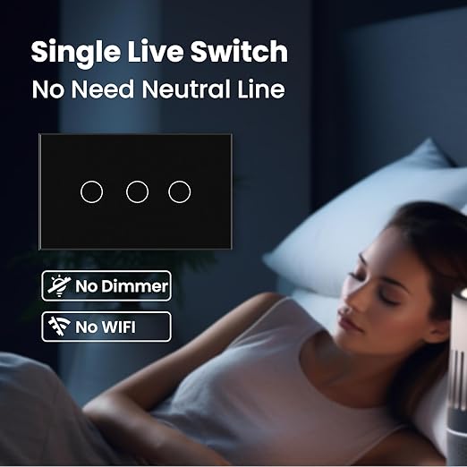 Light Switch No Neutral Wire,Single Live Wire Light Switch No WiFi,Tempered Glass Panel,Total Power Maximum 1000W,FCC Certification,Black 3 Gang
