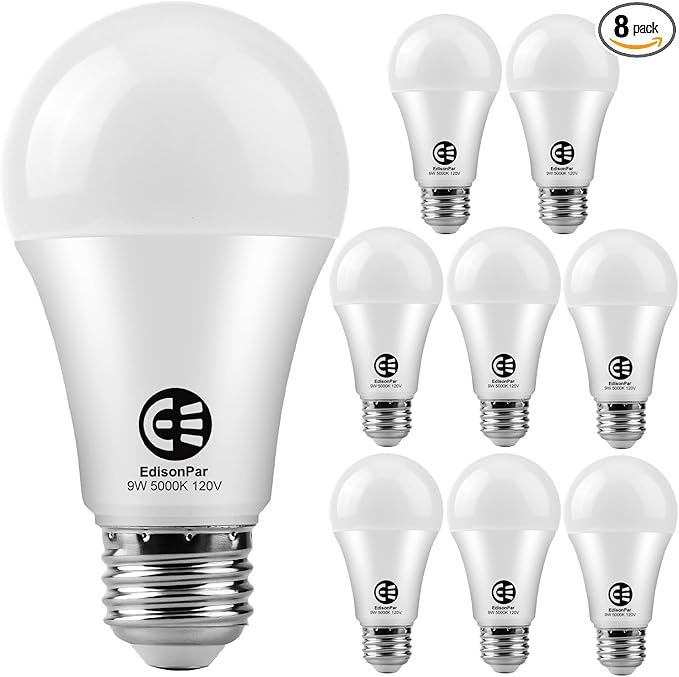 A19 8-Pack LED Light Bulbs, E26 Base 75W Equivalent 1000lumens 5000K Daylight, Cool White Non-Dimmable 9W 120V 25000Hrs Indoor UL (A19 Count of 8)