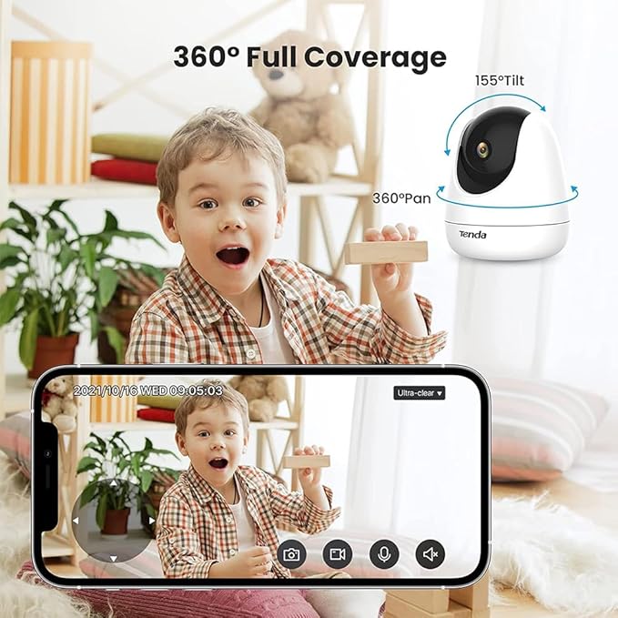 Tenda CP6 2K Indoor Wireless Pan Tilt Cameras for Home Security, Baby Monitor, Pet Camera with Phone APP, 2-Way Audio, Night Vision, Auto Tracking, Siren, AI Human & Motion Detection