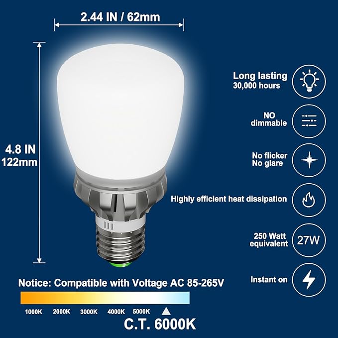 E26 LED Light Bulb, 250W Equivalent, 27W Non-Dimmable, 3670Lumens, 6000K, 1 Pack