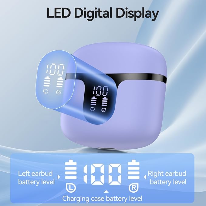 Wireless Earbuds, 2025 Bluetooth 5.3 Headphones HiFi Stereo 50H Playback Ear Buds with Led Digital Display, ENC Noise Cancelling Earbuds for Laptop Computer, iOS, Android, Purple