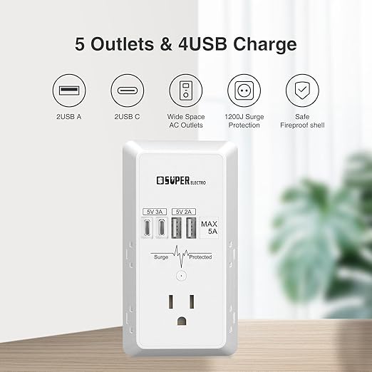 Outlet Extender, USB Wall Charger Surge Protector,5 Outlet Extender with 4 USB Charging Ports (5V 5A),3-Sided 1200J Power Strip Multi Plug Adapter for Home Travel,ETL Listed