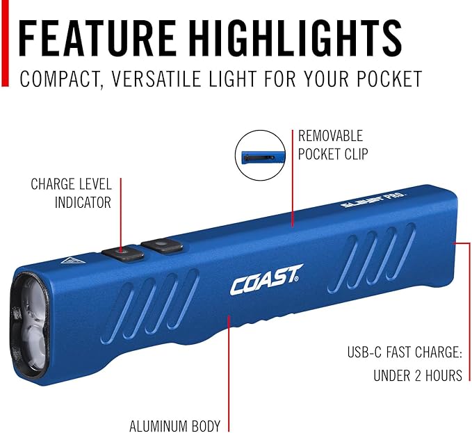 Coast Slayer 1150 Lumen USB-C Rechargeable LED Flashlight with Spot/Flood, Memory Mode and Pocket Clip, Blue