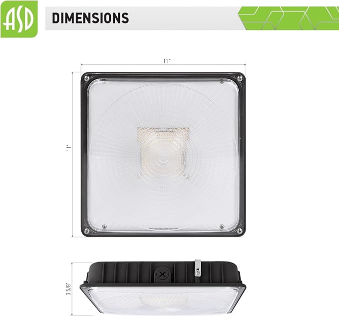 ASD LED Canopy Light 100W UL & DLC Listed, led Canopy Lights Outdoor and Indoor, Dimmable 0-10V, 12050lm, 5000K, 11"x11", 120-277V, IP65, -4℉—104℉, Brown