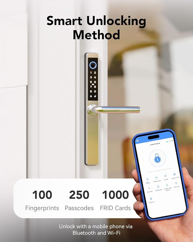 Electronic Smart Door Lock Fingerprint Door Lock with Keypad，Smart Lock for Front Door Children Proof Deadbolt IC Card, App Control & Mechanical Key 40–90mm Multipoint Locks (OSP Frosted Silver)
