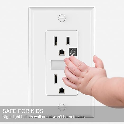 SOZULAMP LED Night Light Outlet-Easy to Install,Nightlight Electrical Outlets,Standard Duplex Receptacle,15A 125V,2 Pole 3 Wire,Self Grounding,Outlet Covers Included (Glossy White,2 Pack)