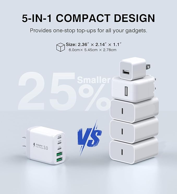 50W USB C Wall Charger Block, 2Pack 5-Port C Charger Fast Charging Block Dual PD Power Adapter&QC 3.0 Wall Plug Multiport Type C Charging Cube Brick for iPhone 16/15/14/13/12 Pro Max, iPad,Samsung